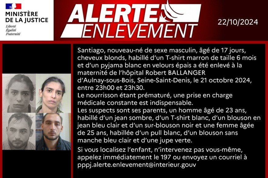 Alerte enlèvement déclenchée pour un bébé de 17 jours en Seine-Saint-Denis